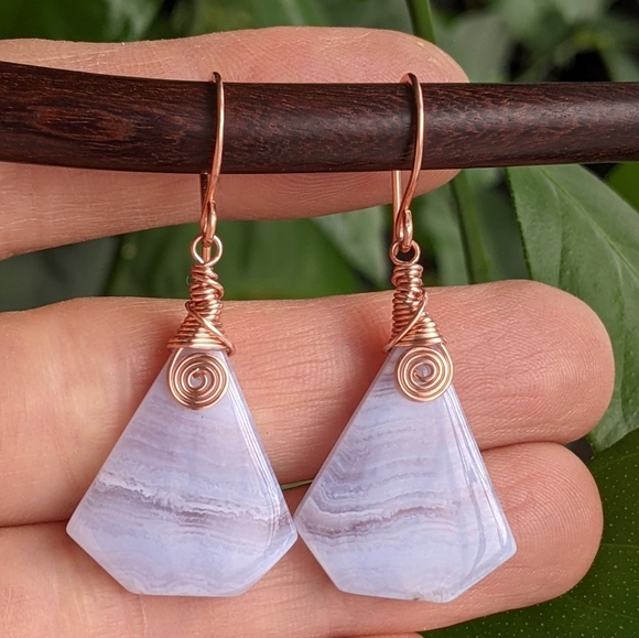 Natural Blue Lace Agate Earrings Copper Spirals Geometric Dangle Drop Design - Picture 6 of 15